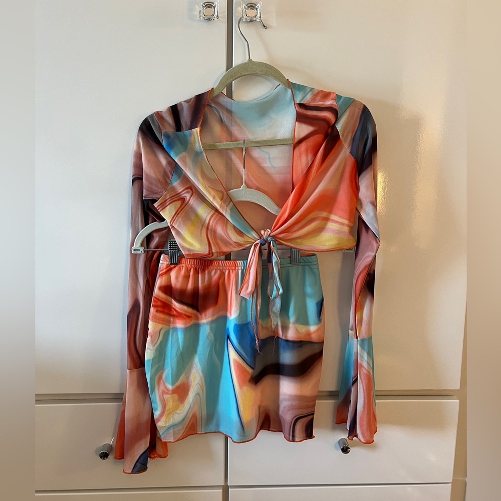 Orange Fusion Tie top and mini skirt two piece set